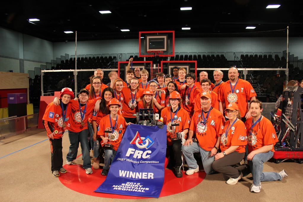 This photo shows the Sabre Bytes Robotics team after our 1st place finish at the Smoky Mountains Regional competition.